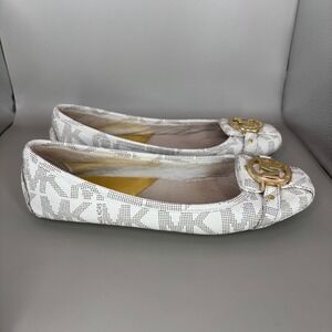 Michael Kors Women Signature Logo Ballet Flats White Gold MK Emblem Size 7.5M